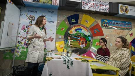 A Ukrainian teacher during a class in Kharkov, March 25, 2025.