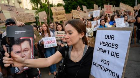 FILE PHOTO: A protest against a new bill curtailing anti-corruption agencies, Kiev, July 23, 2025.