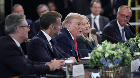 US President Donald Trump in a meeting with Western European leaders at the White House, Washington, DC. August 18, 2025.