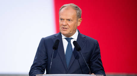 Polish Prime Minister Donald Tusk speaks at a World War II commemoration event in Gdansk on September 1, 2025.