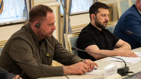 Ukraine’s Vladimir Zelensky and his chief of staff, Andrey Yermak, holding a press-conference in Kiev.