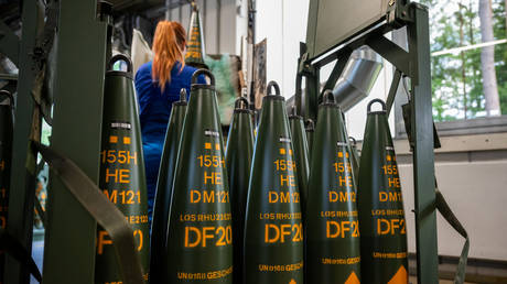 FILE PHOTO. 155mm artillery ammunition is manufactured at a Rheinmetall facility in Unterluess, Lower Saxony, Germany.