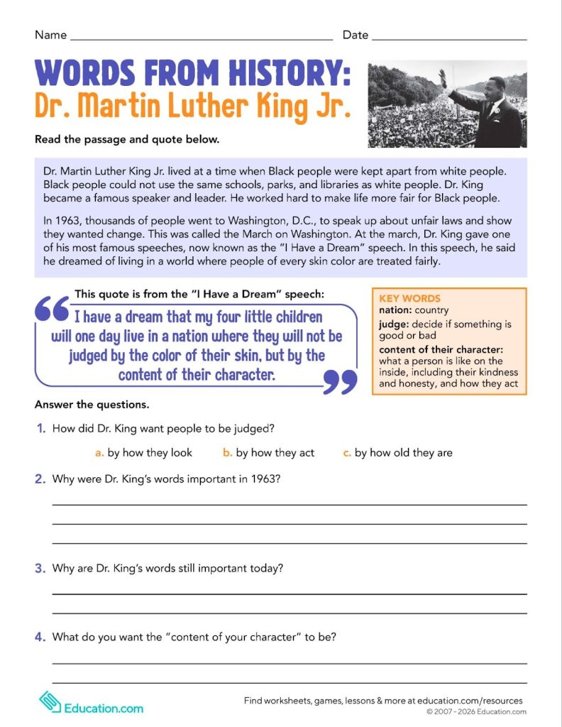 New Martin Luther King Jr. worksheets for grades 2–8