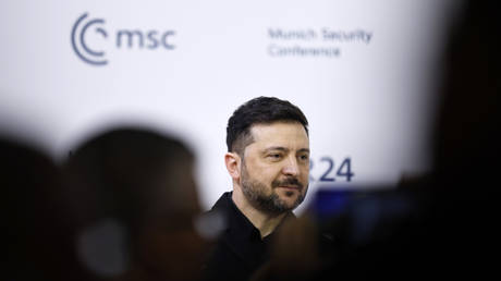 Ukrainian leader Vladimir Zelensky speaks at the Munich Security Conference on February 14, 2026.