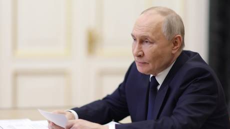 Russian President Vladimir Putin chairs a meeting with members of the government via videoconference at the Kremlin in Moscow.