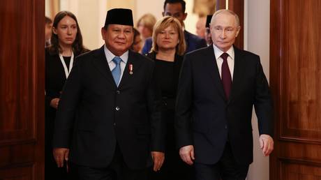 Indonesian President Prabowo Subianto and Russian President Vladimir Putin pictured at the Kremlin on April 13, 2026.