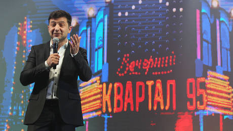 Ukraine's Vladimir Zelensky is seen performing during the 95th quarter comedy show, in Brovary, Ukraine, on March 31, 2019.