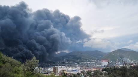 Smoke rising over Tuapse, Russia, following Ukrainian drone strikes, on 21 April, 2026.