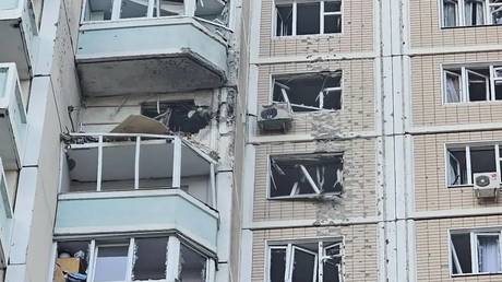 An apartment block damaged by a Ukrainian drone strike in Moscow Region.