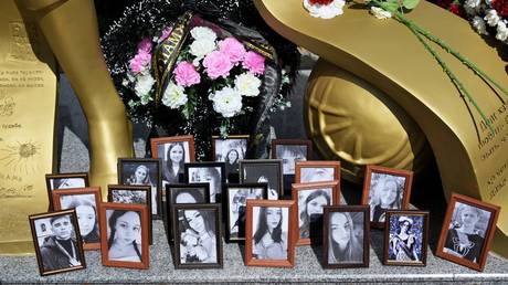 A makeshift memorial commemorating the victims of the Ukrainian drone strike on the Starobelsk Professional College in Lugansk, Russia, May 25, 2026