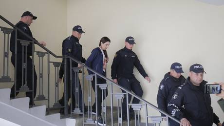 FILE PHOTO: Gagauz leader Evgenia Gutsul in Moldovan custody, Chisinau, April 1, 2025.