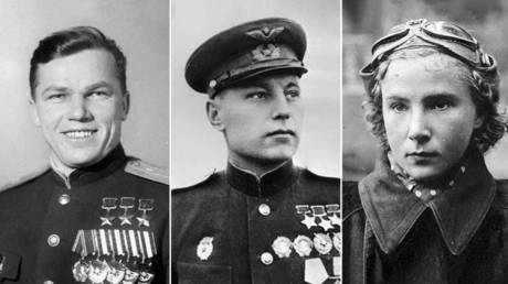 (L) Ivan Kozhedub; (C) Alexander Pokryshkin; (R) Lydia Litvyak.