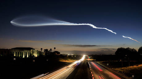 A SpaceX Falcon 9 rocket carrying 25 Starlink satellites launches from Vandenberg Space Force Base in California on April 6, 2026.