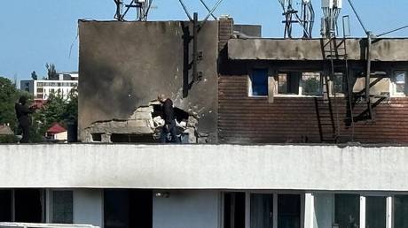 A residential building damaged by a drone strike in Galati, Romania, May 29, 2026.