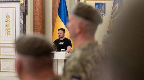 Ukraine’s Vladimir Zelensky meeting infantry troops, May 6, 2025, in Kiev.