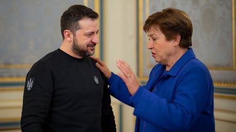 FILE PHOTO: Ukraine's Vladimir Zelensky chats with the IMF Managing Director Kristalina Georgieva in Kiev, Ukraine, on February 20, 2023.