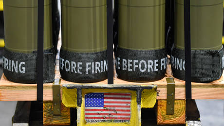 Mortar rounds on a pallet at a General Dynamics plant in Scranton, Pennsylvania, 2025.