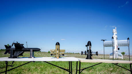FILE PHOTO: Military drones are displayed at an exhibition site on the outskirts of Kiev, Ukraine, on May 11, 2026.