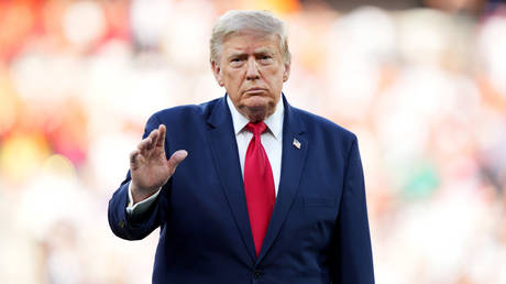 US President Donald Trump before presenting the FIFA World Cup Winner's Trophy to Spain after the Final on July 19, 2026 in New Jersey.
