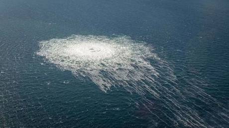 FILE PHOTO: The release of gas from a leak on the Nord Stream 2 pipeline in the Baltic Sea. September 2022.
