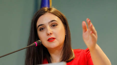 Vladimir Zelensky's press secretary, Yulia Mendel, is seen during a briefing following a meeting to combat the spread of coronavirus in Kiev, Ukraine, on March 13, 2020.