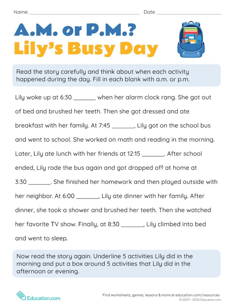 A.M. or P.M.? Lily's Busy Day worksheet