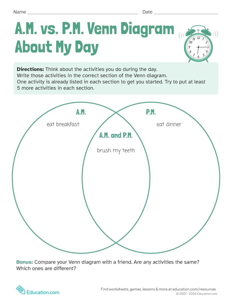 A.M vs. P.M. Venn Diagram About My Day worksheet