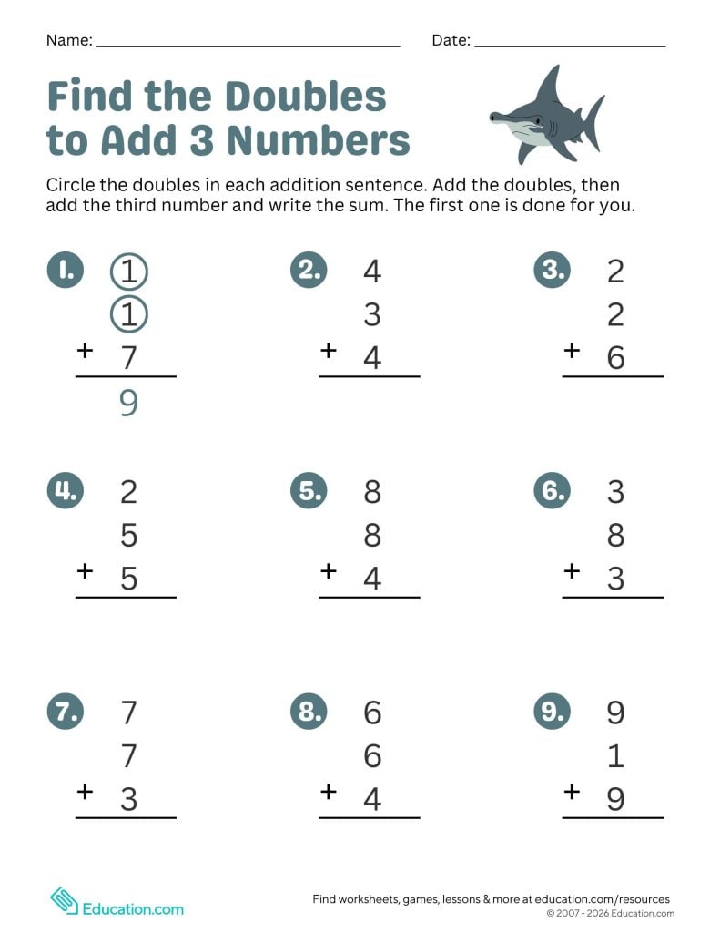Find the Doubles to Add 3 Numbers worksheets