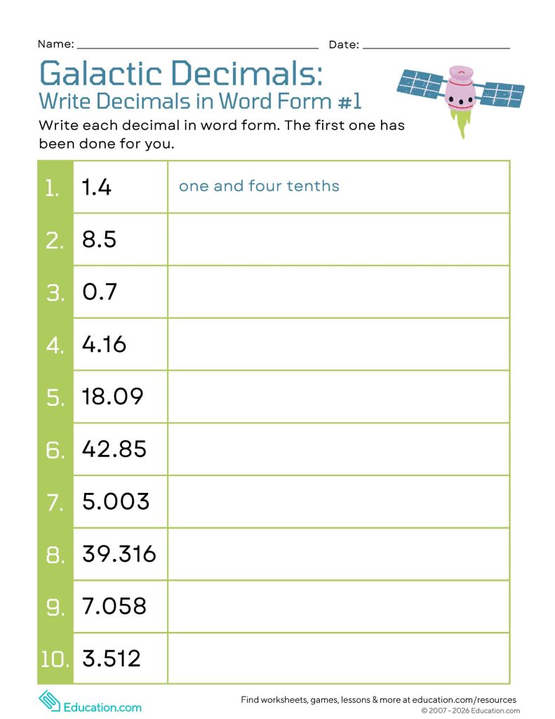 Galactic Decimals: Write Decimals in Word Form #1 worksheet