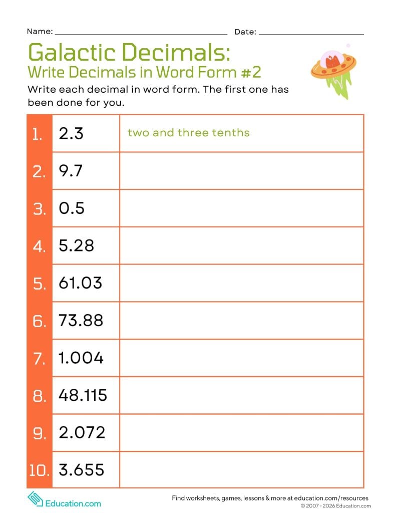 Galactic Decimals: Write Decimals in Word Form #2 worksheet