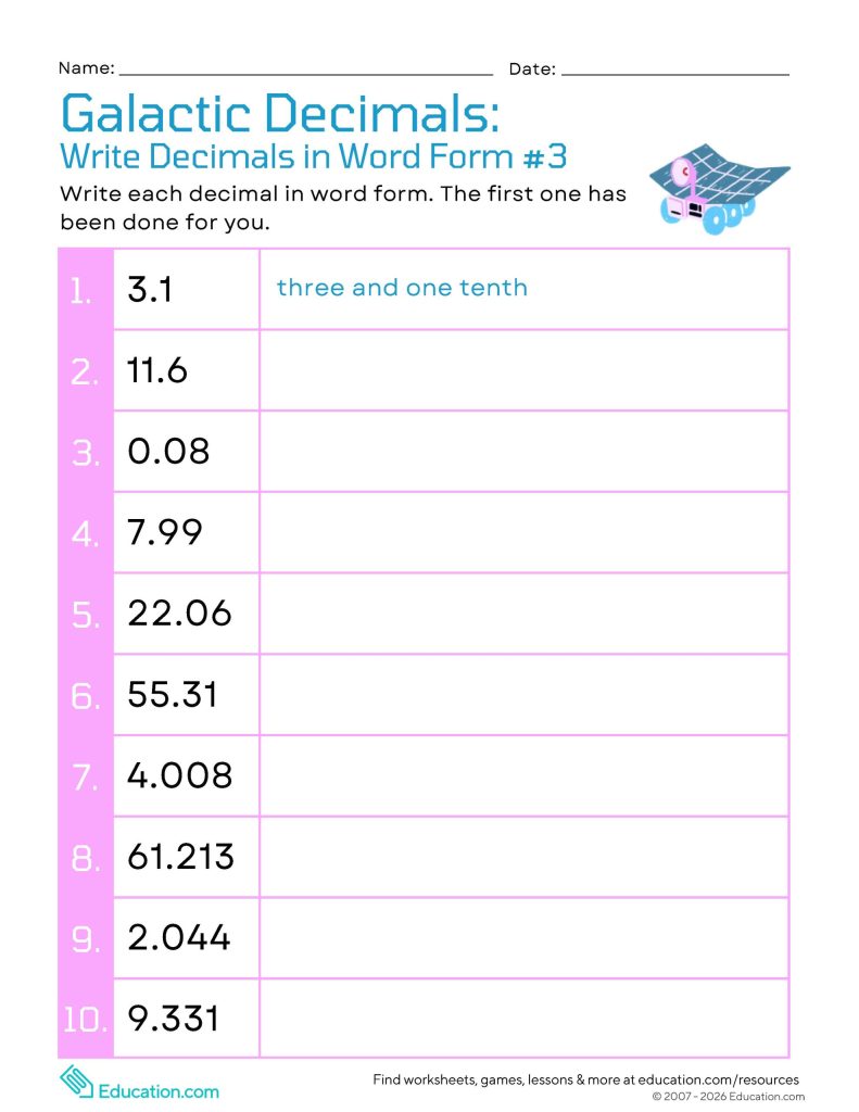 Galactic Decimals: Write Decimals in Word Form #3 worksheet