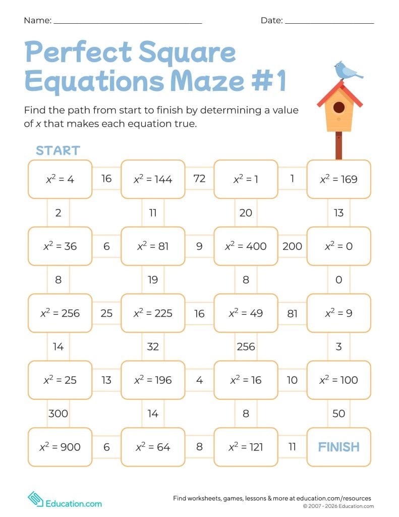 Perfect Square Equations Maze #1 worksheet