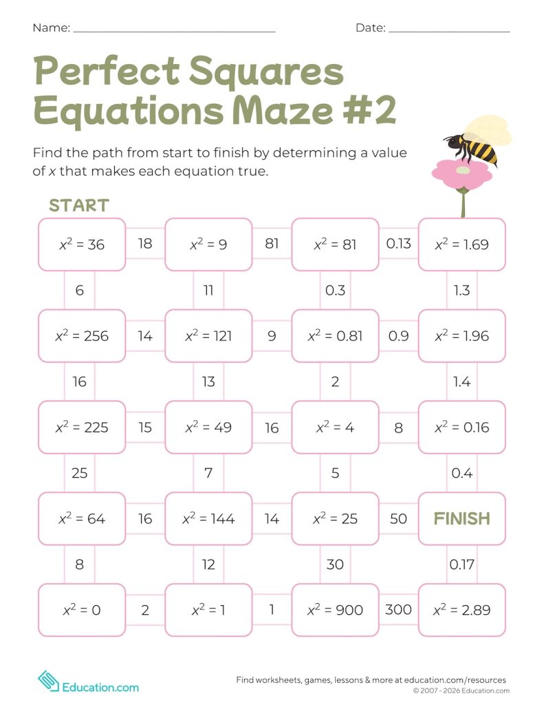 Perfect Square Equations Maze #2 worksheet