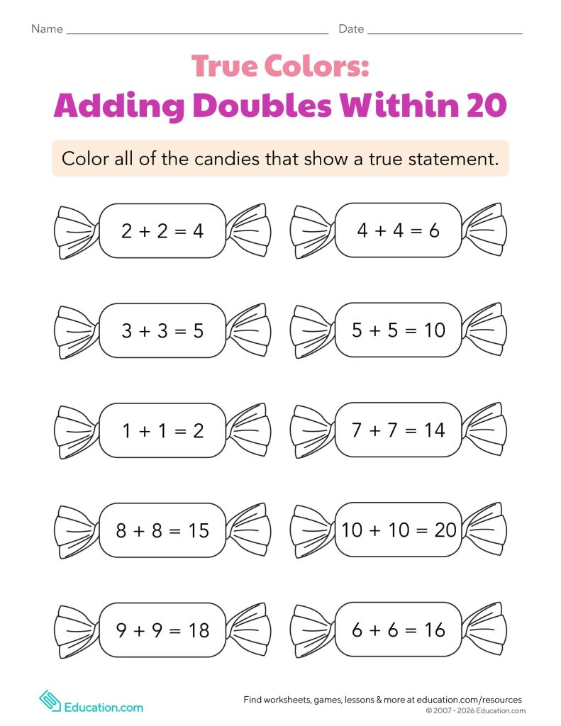 True Colors: Adding Doubles Within 20 worksheet