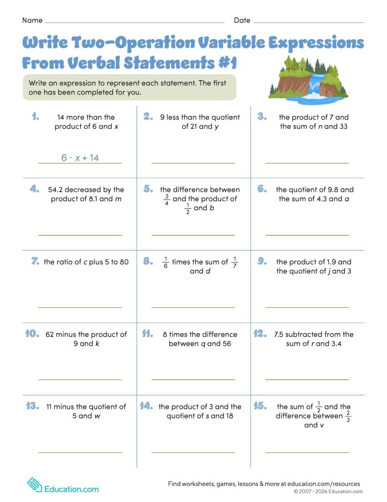 Write Two-Operation Variable Expressions From Verbal Statements #1 worksheet